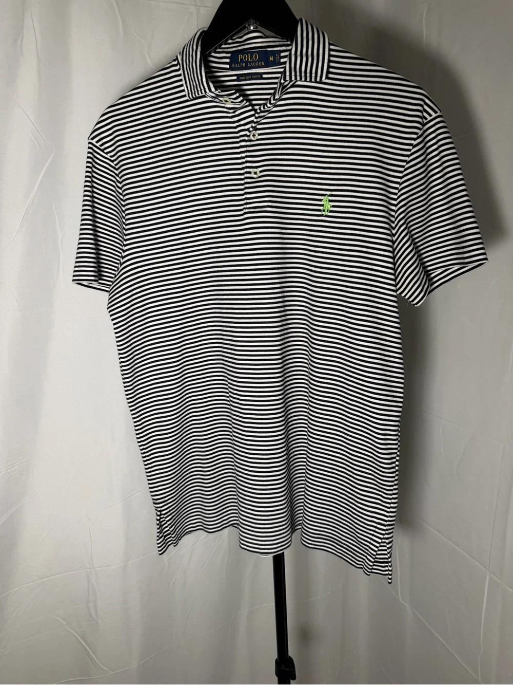 Ralph Lauren Black and White Striped Polo with Green Logo